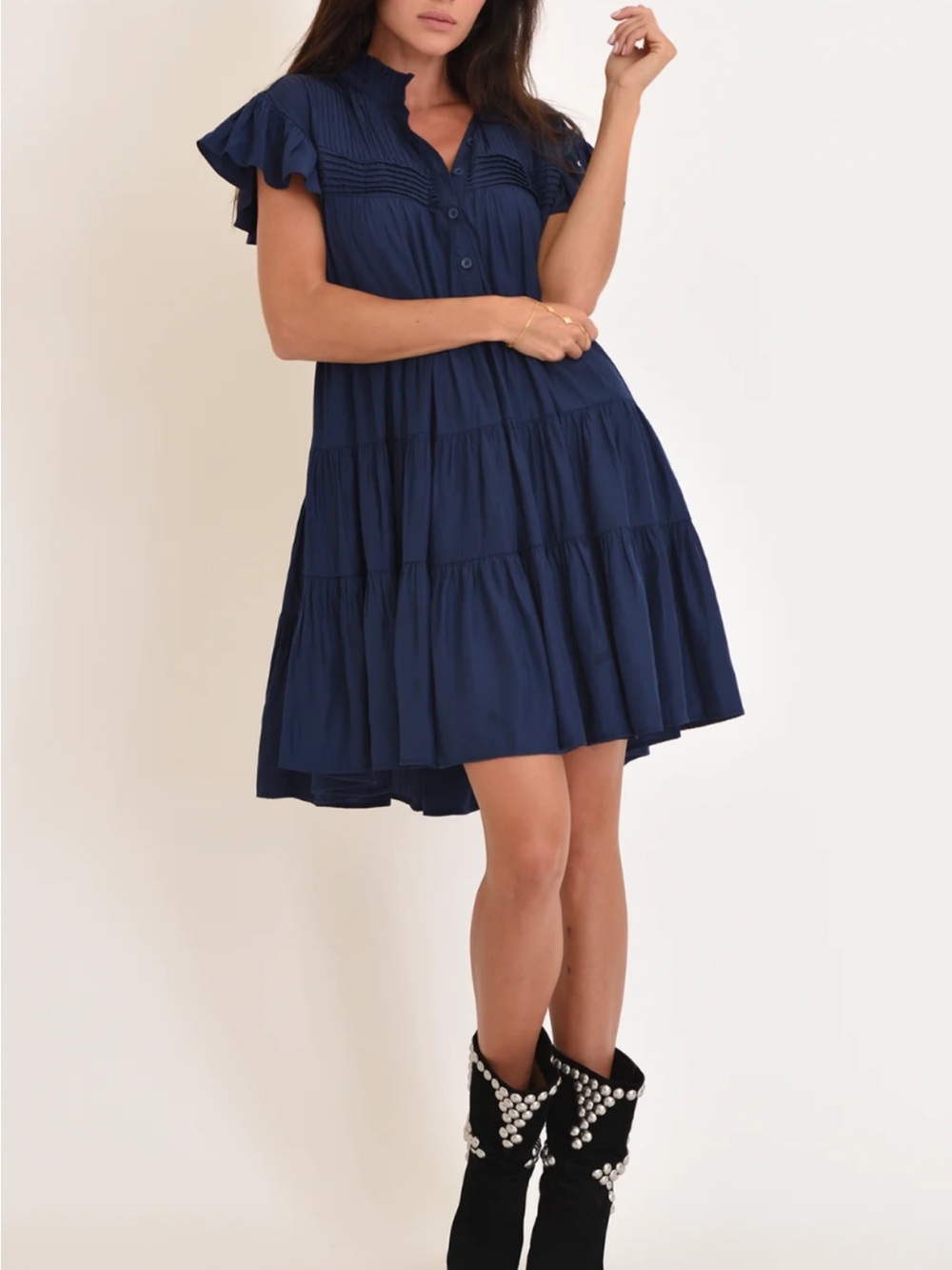 Biltmore Ruffled Collar Navy Tiered Mini Dress M flutter sleeve bohemian
